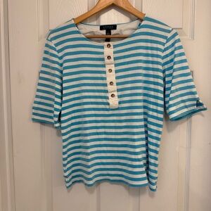 Like New Vintage Lauren Ralph Lauren Blue Striped Elbow-Sleeve Henley Top